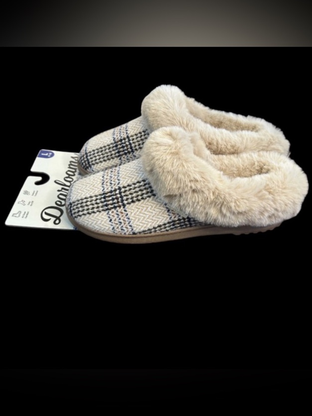 Dearfoam Slippers Womens L Size 9-10 Memory Foam Tan Plaid Anti Slip Faux Fur